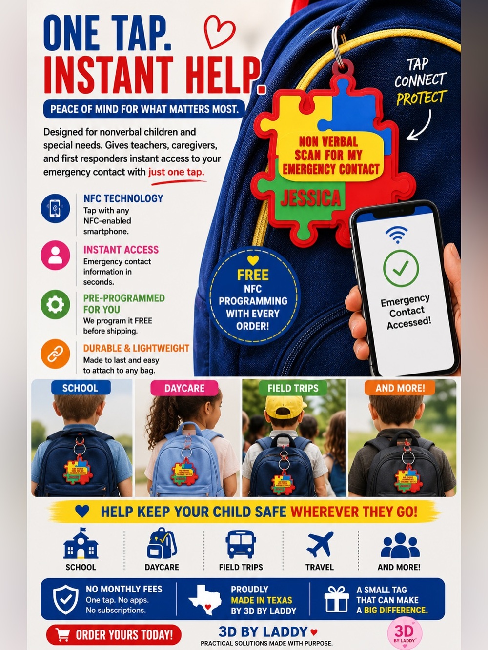 Kids NFC Puzzle Tag - Red, Yellow & Blue Emergency ID